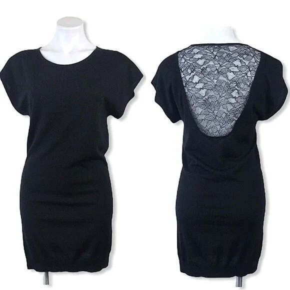 Theory Kobe Nouvella Black Lace Back Knit Wool Sweater Mini Dress Tunic S Goth - Picture 4 of 16